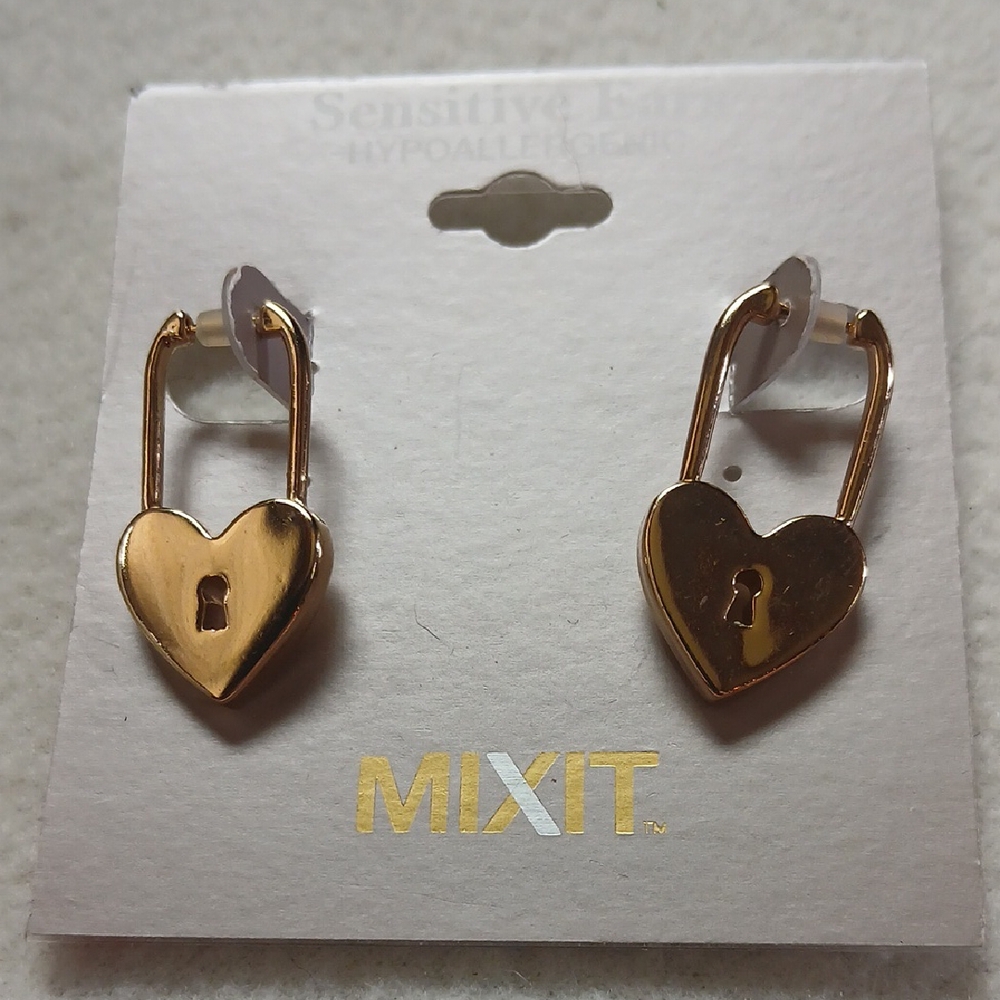 Mixit Gold Heart Padlock Earrings